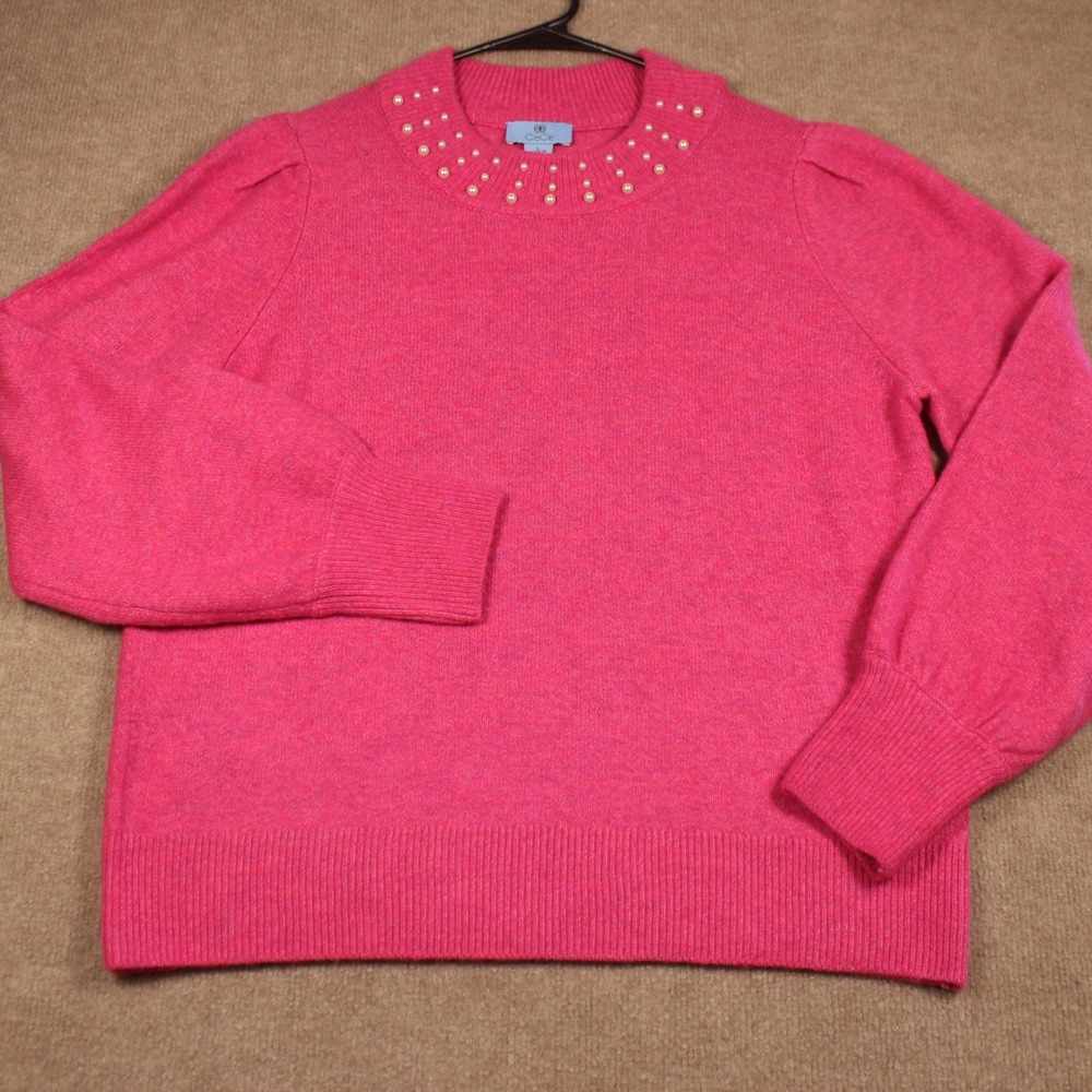 CeCe Womens Pink Faux Pearl Embellished Crew Neck Long Sleeve Sweater Large